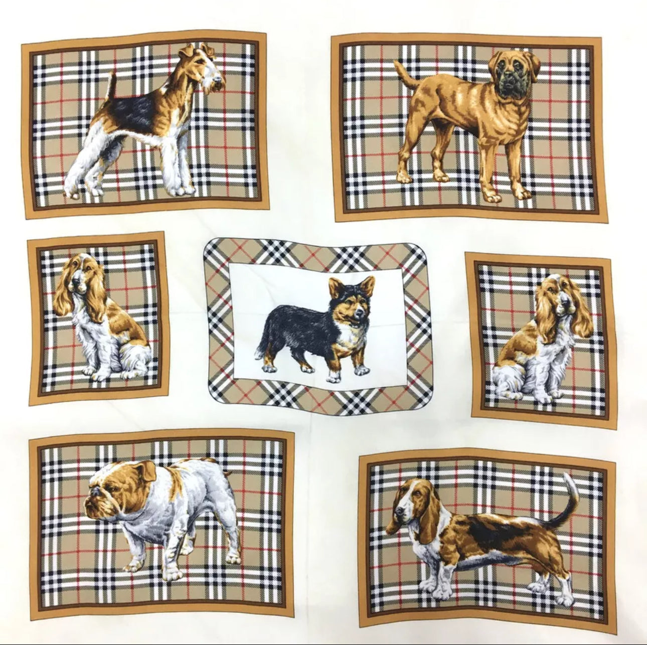Burberrys Check Dog Motif 100% silk scarf
