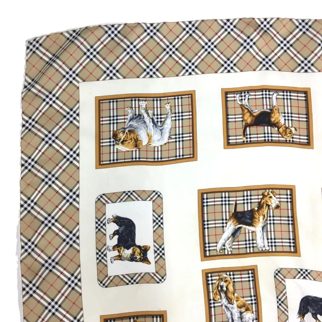 Burberrys Check Dog Motif 100% silk scarf