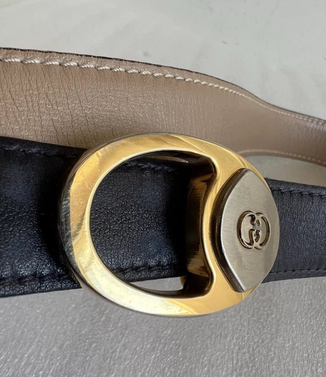 Vintage Gucci Gold & Silver tone buckle/black leather belt